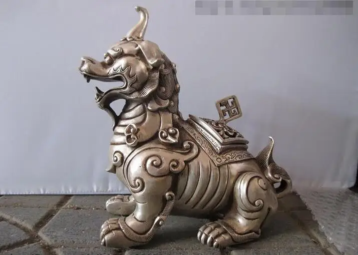 

Tibet Silver carve Temple talisman Evil Foo Dogs Lion kylin Dragon statue