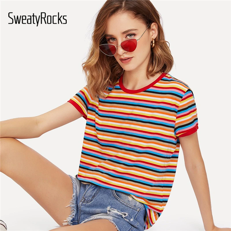 

SweatyRocks Striped Ringer Short Sleeve T-shirt Streetwear O-Neck Colorful Preppy Tees 2019 Summer Casual Kawaii Women Tops