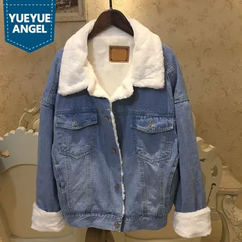 

Boyfriend Style Lambswool Jacket Women Brand Long Sleeve Loose Thick Warm Denim Coats Tops Female Single Breasted Outwear XS-L