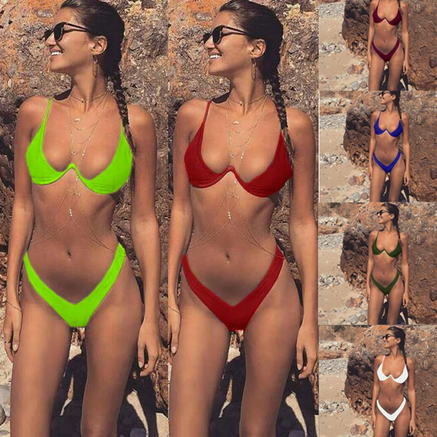 

2019 Sexy Bandeau Bikini Bandage Swimwear Women Solid Swimwsuits Push Up Brazilian Bikini Set Thong Bikini Bathing Suit Biquin