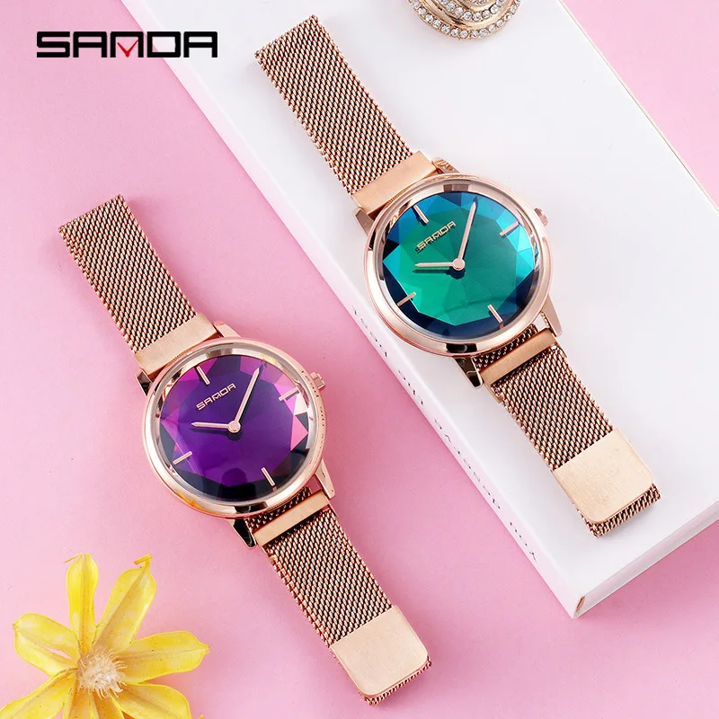 

Sanda new watch female fashion diamond cutting mirror female student trend Milan mesh belt quartz watch