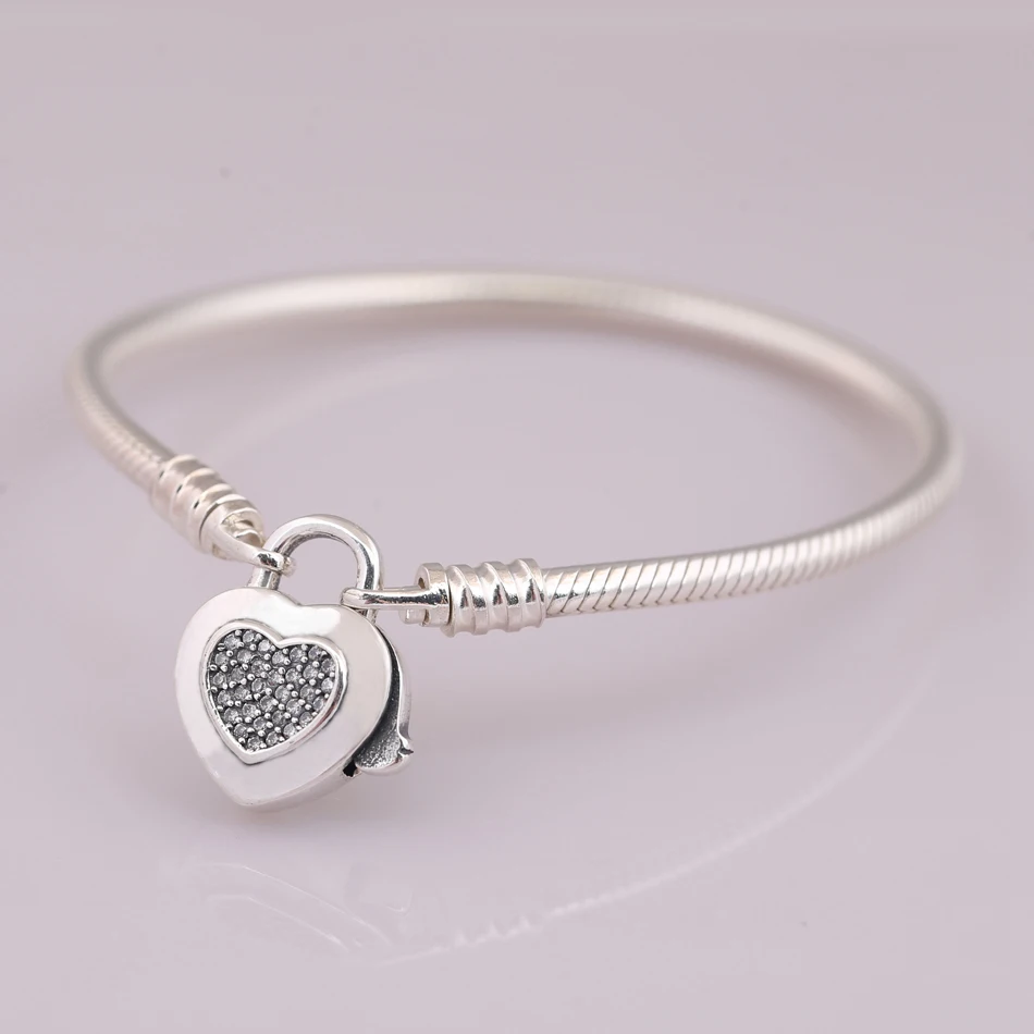 

925 Sterling Silver Bracelet Bangles For Women Pave Crystals Clear CZ Signature Heart Lock Clasp fit Lady Beads Charms Pendant