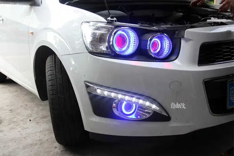 EOsuns Innovative COB Angel Eye LED Daytime Running Light DRL Halogen Fog Lamp With Projector Lens For Chevrolet Aveo Sonic