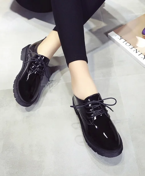 Zapatos de plataforma planos Oxford para mujer, mocasines de charol sin  cordones, en Punta, color negro, 2019 - AliExpress Calzado