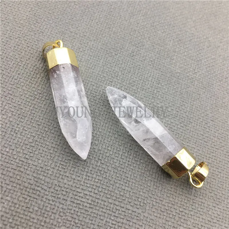 

MY0333 White Crystal Quartz Faceted Point Spike Pendant with Pure Gold Color Cap and Bail, Pillar Necklace Pendant