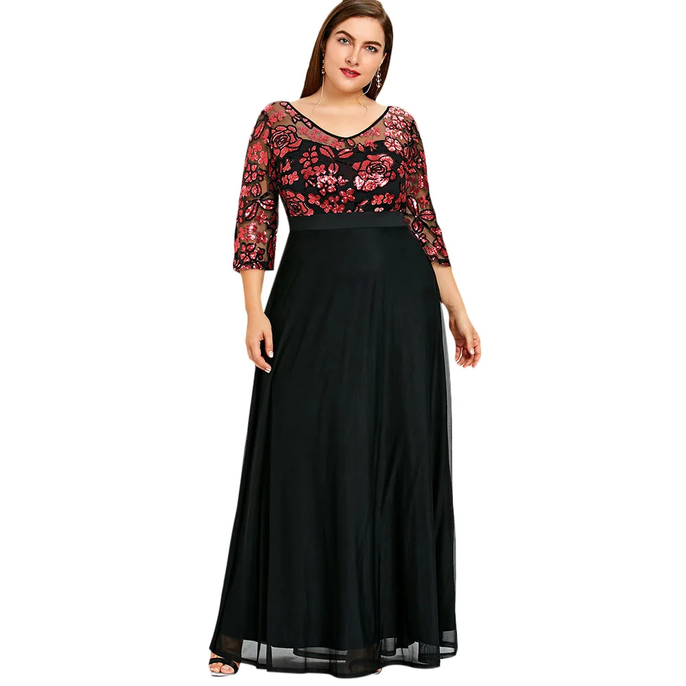 Buy Plus Size Sequined Floral Maxi Long Dress Elegant
