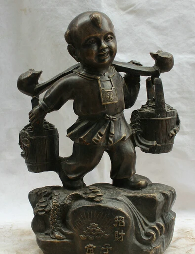 

JP S0524 18" Chinese Bronze Folk Feng Shui Wealth Money barrel Tong Zi Boy Lad Statue B0403