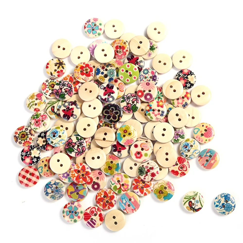 100 Pcs Sewing Button 15mm Mixed 2 Holes White Round Pattern Wood