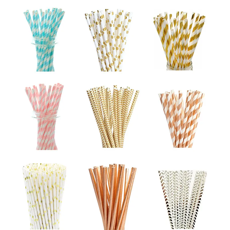Wholesale 1000pcs Multi Design Assorted Foil Paper Straws, Gold Silver