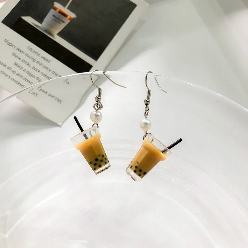 

2019 New Interesting Simulation Cute Earrings Pearl Milk Tea Earrings Popular Net Red Student Trend Ins Earrings Personality