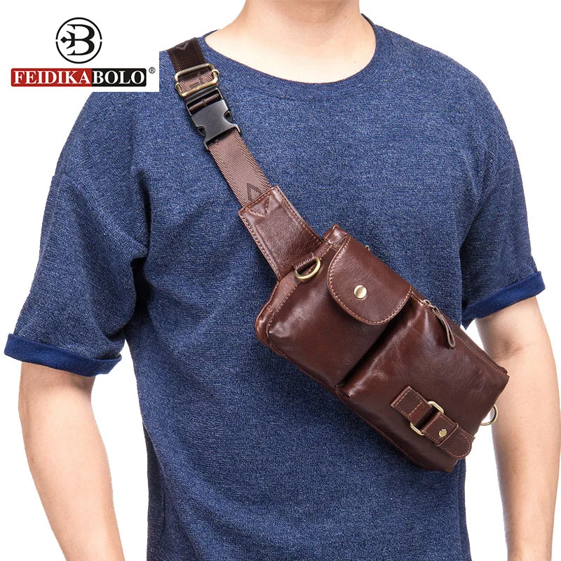 

FEIDIKA BOLO Brand Genuine Leather Bag Men Messenger Bags Single Rucksack Chest Bag Leather Shoulder Bags Pack Leather Handbags