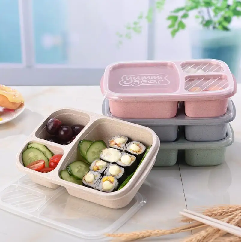 

Wheat Straw Bento Box 3 grid Portable Food Storage Boxes outdoor camping snack fruit Lunch Box LX6653