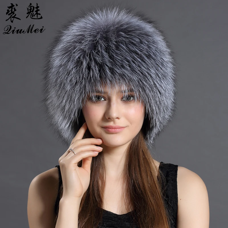 QiuMei gorros de piel de zorro Real de invierno gorras de piel de lujo elásticas de punto forrado genuino de piel de zorro mapache gorros de bombardero ruso - 1