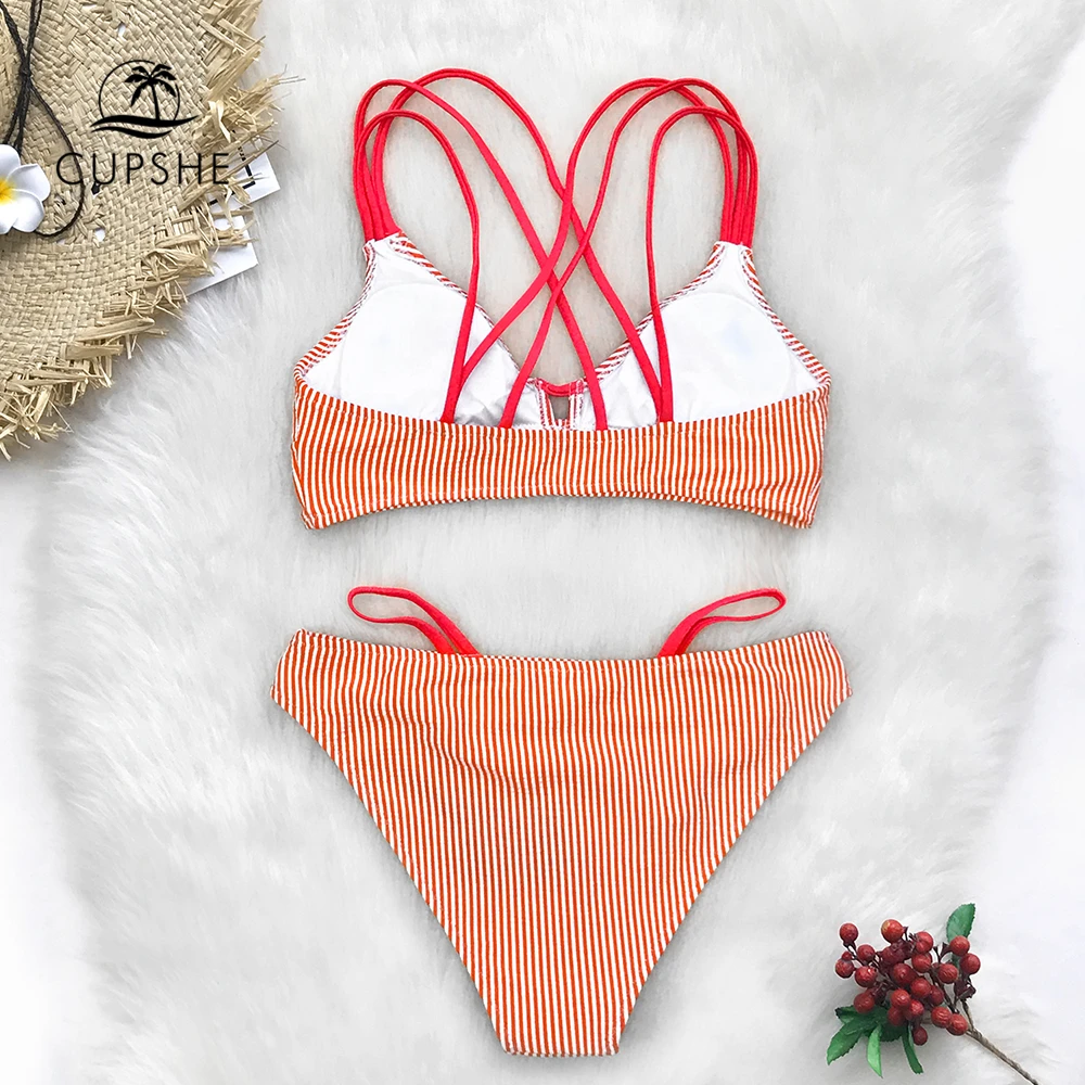 Billige CUPSHE Orange Und Weiß Streifen Strappy Bikini Sets Frauen Sexy Zwei Stück Badeanzüge 2020 Mädchen Strand Badeanzüge