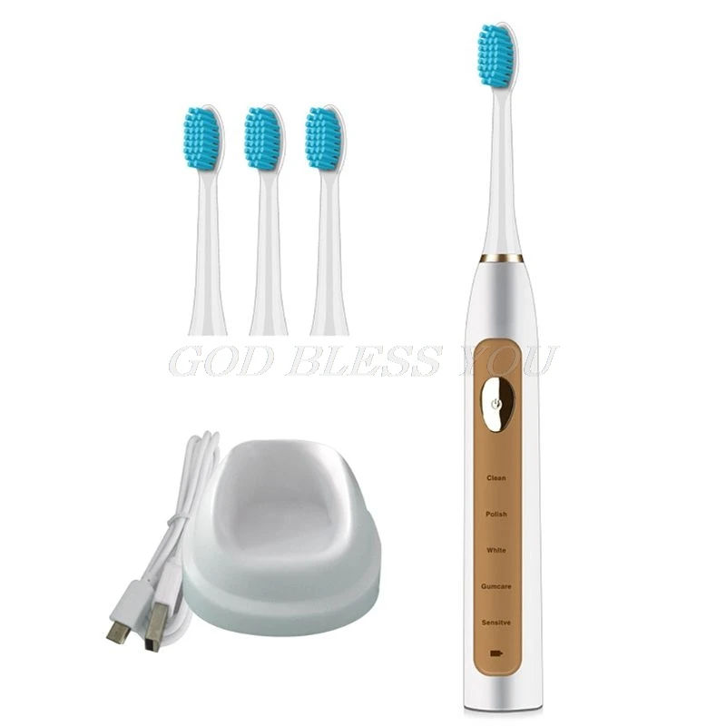 

Adults Waterproof Electric Toothbrush Timer Brush USB Charge Rechargeable Tooth Brushes With 4pcs Replacement Heads Soft Bristle
