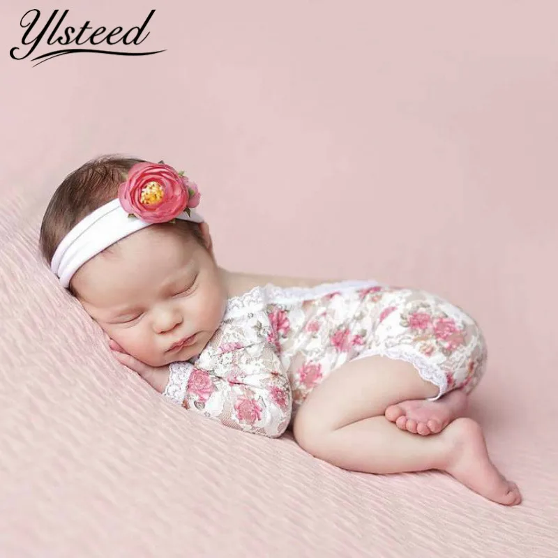 Baby Girls Lace Romper Newborn Photography Props Infant Photo Costume Deep V Back Lace Jumpsuit Headband Set Photo Shooting Prop vintage Baby Bodysuits