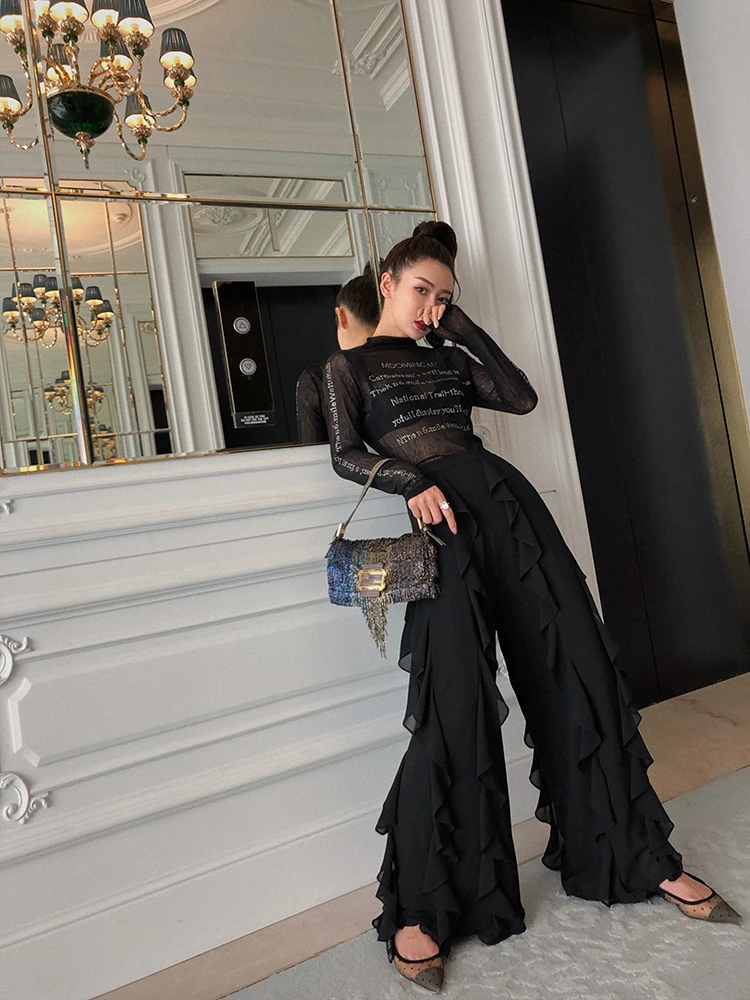 Moda Costura Salvaje Alta Las Chiffon Negro Cintura Black Nueva Pantalones Vintage Casual Ancha Pierna Getsring Mujeres Gasa 2019 De Pantalón Tqn1wvSp