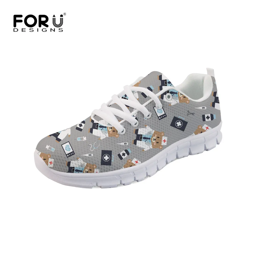 

FORUDESIGNS Woman Flats Shoes Cute Nurse Bear Prints Casual Sneakers Women Girls Lightweight Mesh Walking Shoes Zapatos Mujer