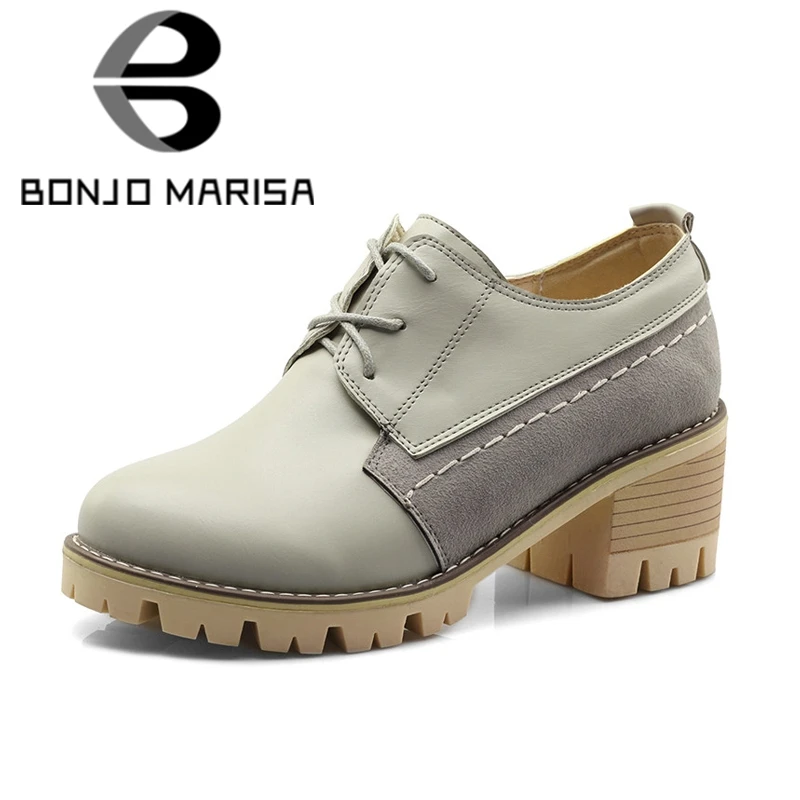 

BONJOMARISA Women's Square Heels Round Toe Cow Muscle Sole Lace Up School Spring Autumn Shoes Woman Pumps Big Size 34-43