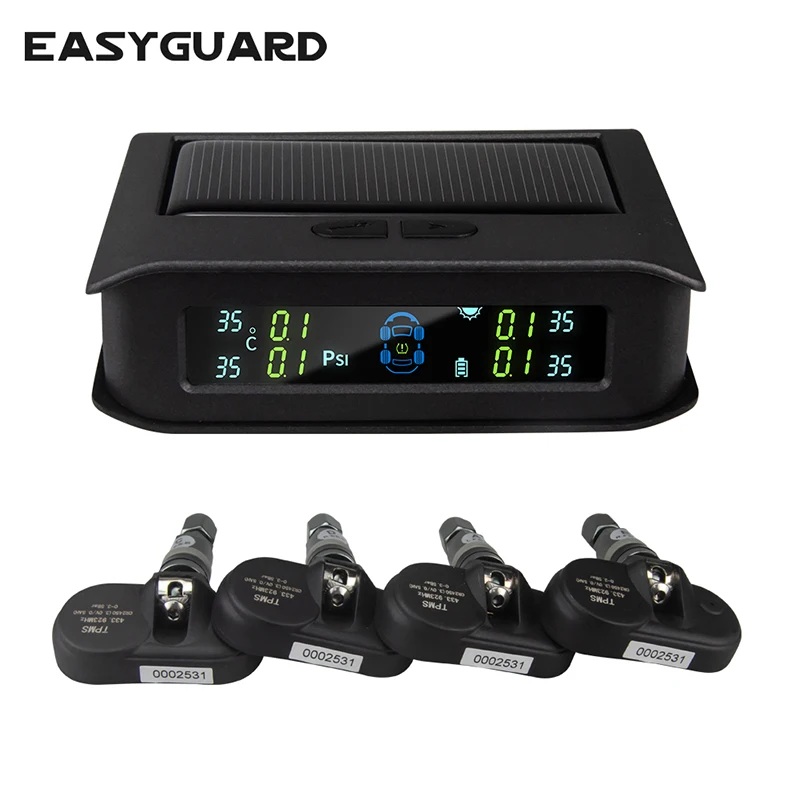 

Easyguard solar energy rechargeable car TPMS tire pressure monitor with 4 internal sensor support PSI or BAR