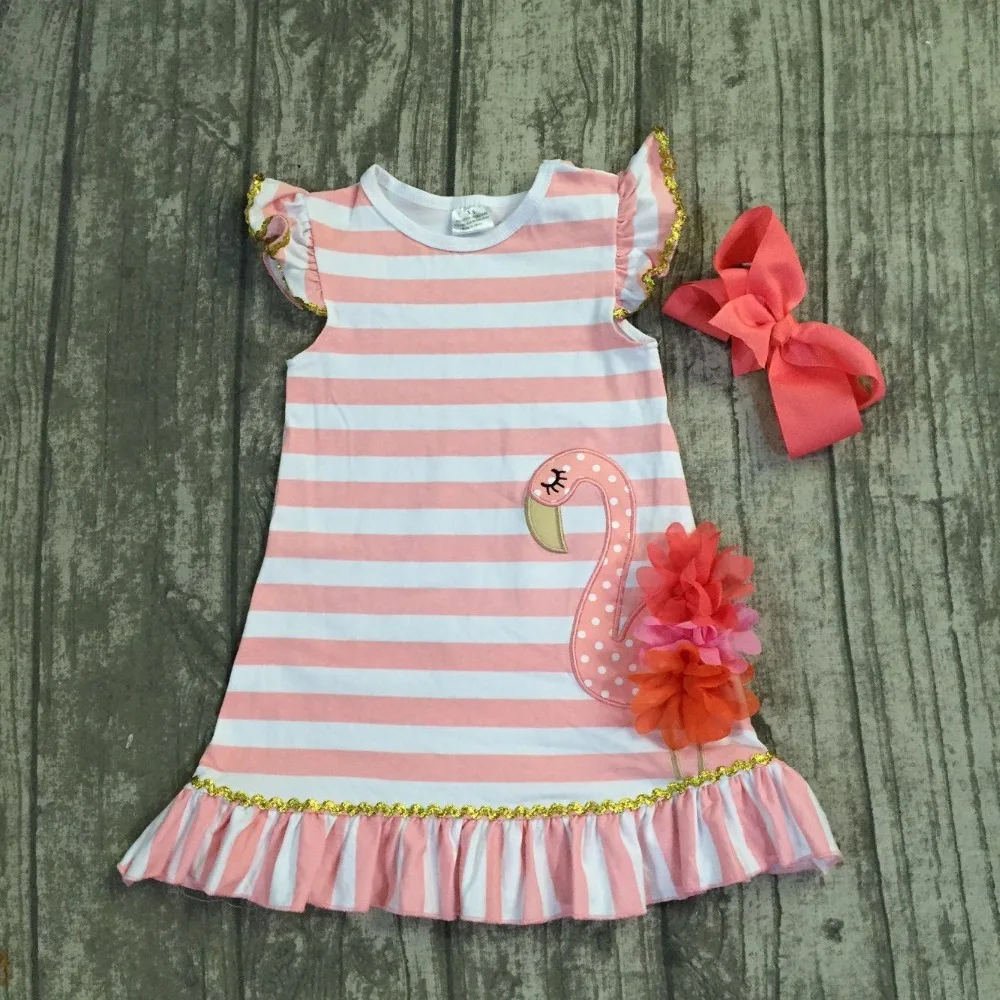

2018 new Summer dress baby kids wear girls clothing coral stripes flamingo cotton dress sleeves boutique dress with matching bow