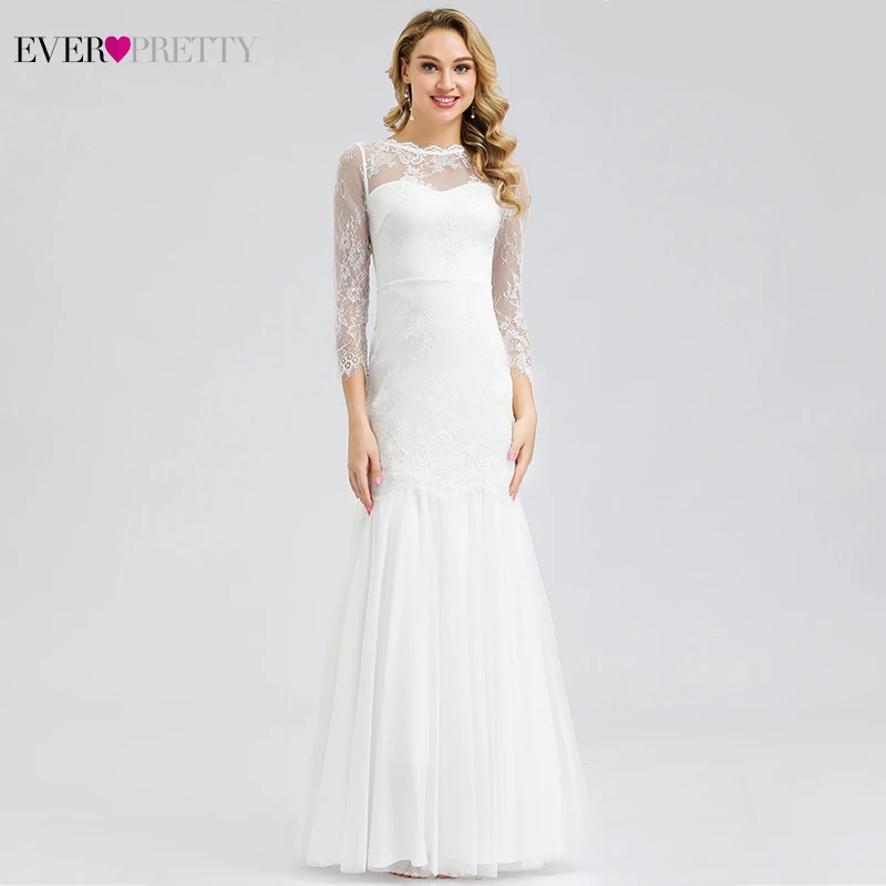 Robe De Mariage Sirene Ever Pretty White кружевные свадебные платья с круглым вырезом, рукавом 3/4, на молнии, Элегантное свадебное платье с силуэтом "Русалка" Gelinlik - Color: White