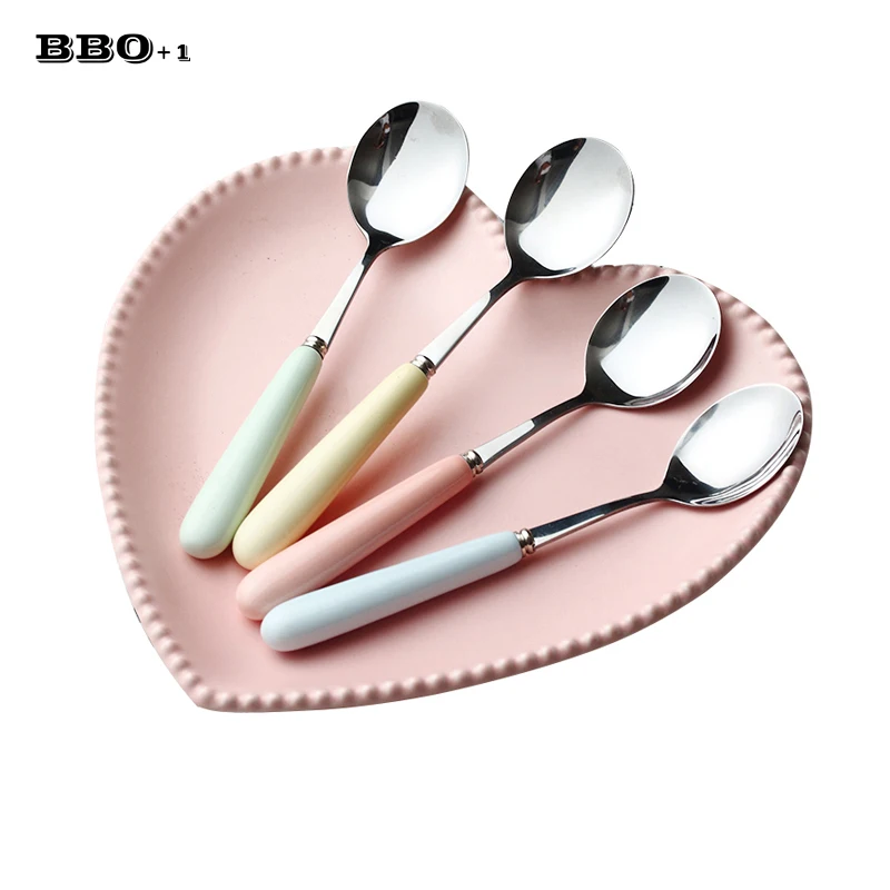 

4pcs Ceramic Handle Dinner Spoon Macaron Stir Coffee Spoon Honey Dessert Ice Cream Tea Spoon set Scoop Stainless Steel Teaspoon