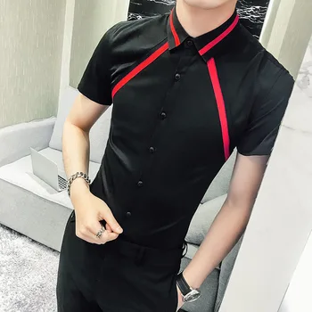 

England Summer Men shirt Short Sleeve Shirt Red Weave Bring Shirt camisa masculina casual slim fit Tuxedo Night Club Work Shirt