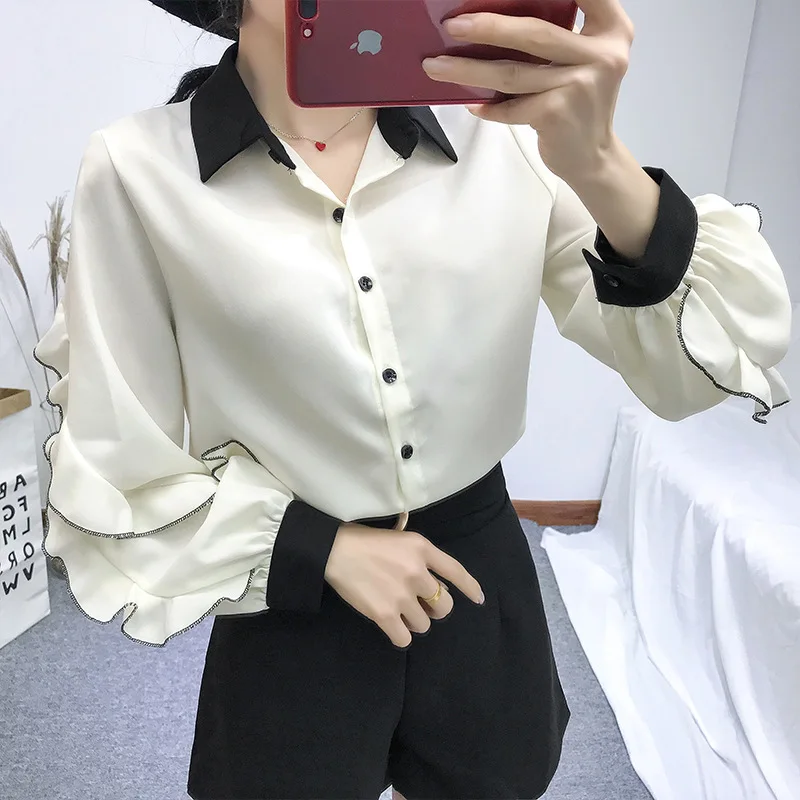2018 Spring And Summer New Korean Chiffon Fabric Splicing Ruffled Color Matching Shirt |