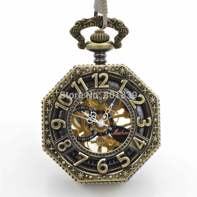 Карманные часы с цепочкой Antique Стиль Золото Тон Octagon случае стимпанк Рука Ветер механические часы движение