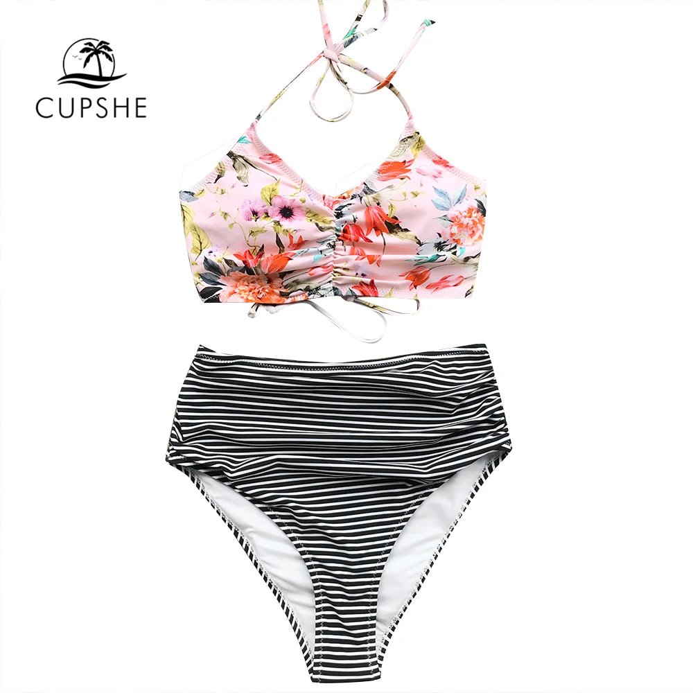 Online CUPSHE Blume Drucken Tank Bikini Set Frauen Lace up Hohe Taille Gestreiften Zwei Stück Bademode 2019 Strand Neue Raffen Bad badeanzüge