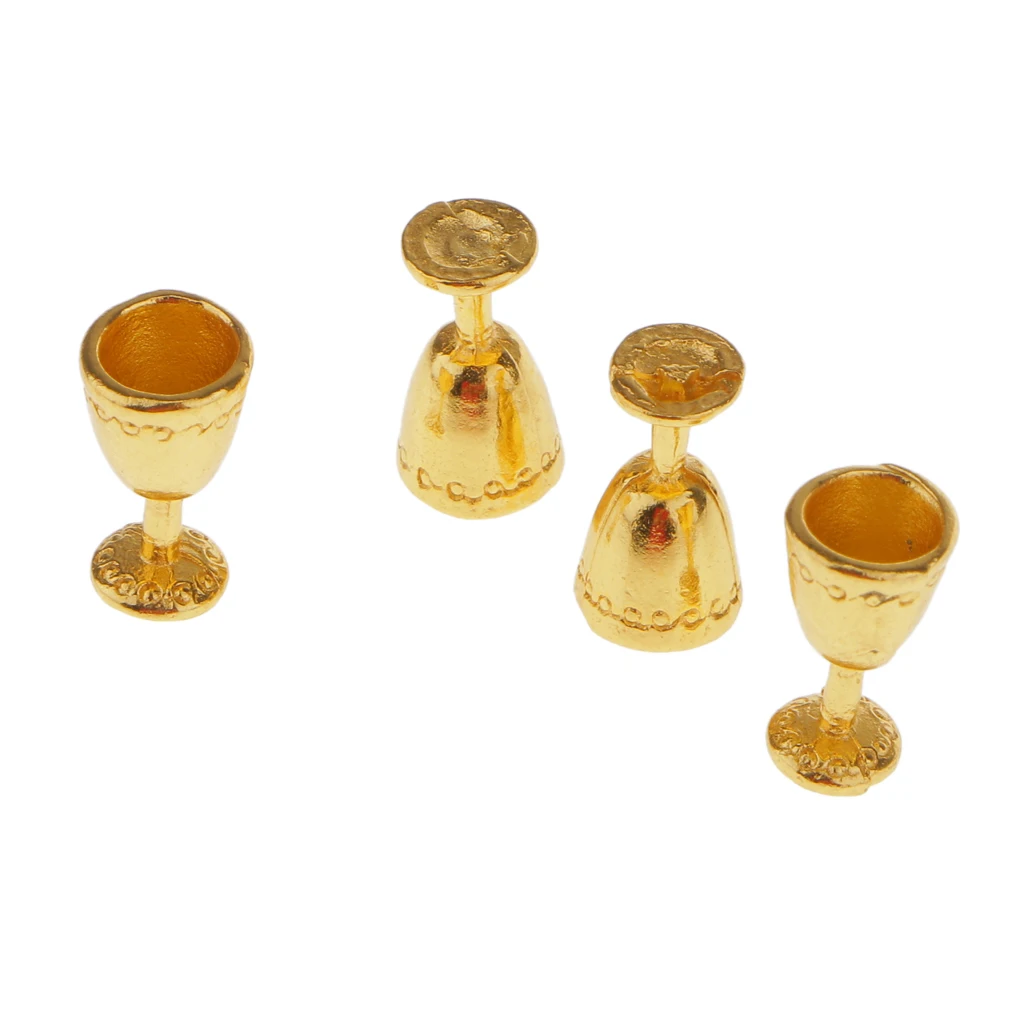 Gold Metal Goblet Red Wine Cups Dolls House Miniature Dining Room Pub Bar Accessory Pack of 4pcs