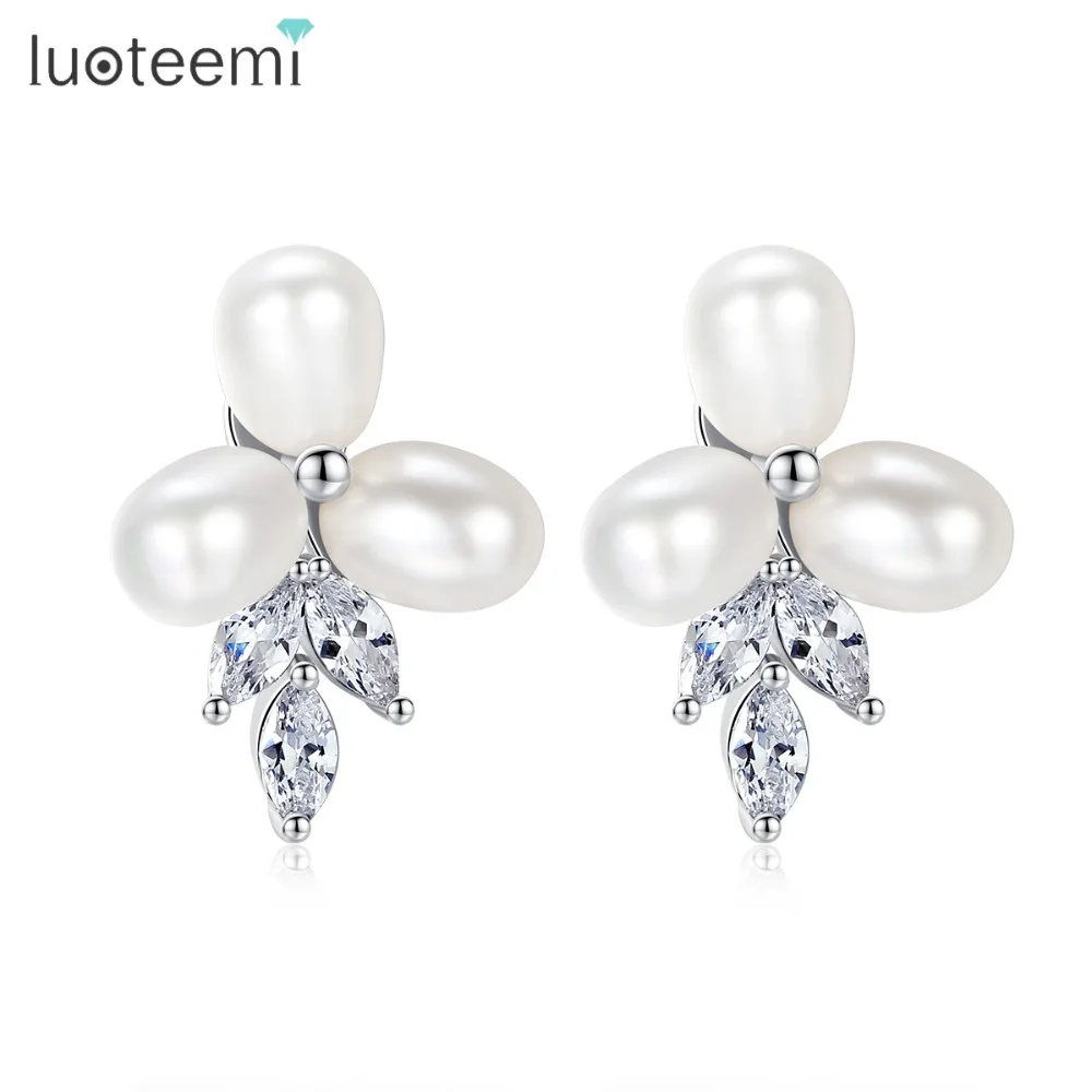 

LUOTEEMI 2017 Fashion Stud Earrings Natural Freshwater Pearl with Drop Shape Cubic Zircon Jewelry For Women Party Birthday Gift