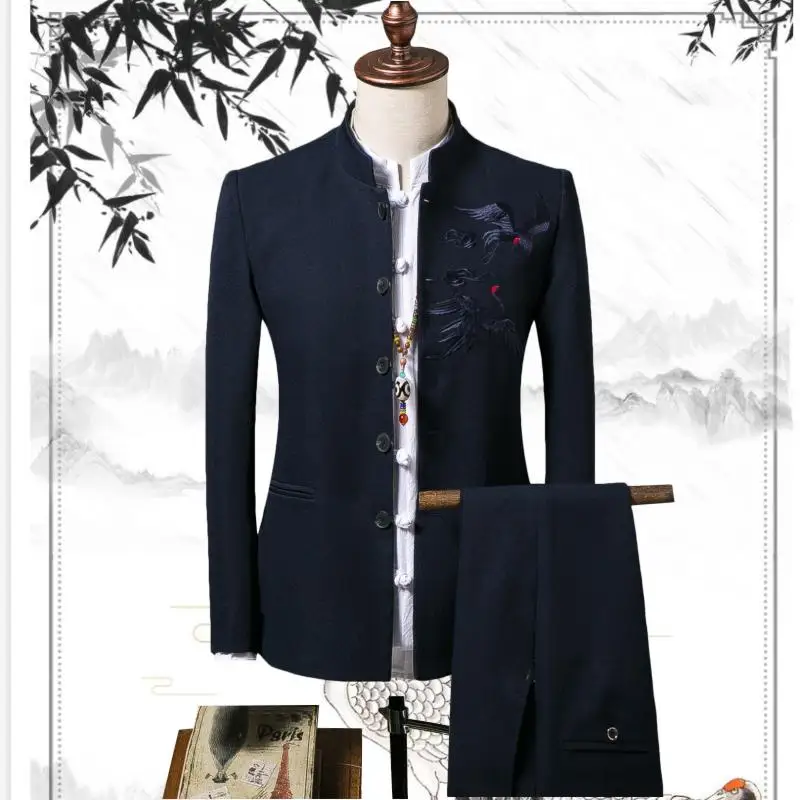 4 цвета размера плюс 4XL свадебные костюмы для мужчин куртка с длинным рукавом+ брюки китайский воротник туника костюм комплект из 2 предметов офисная одежда XXXXL - Цвет: Navy Tunic Suit Set