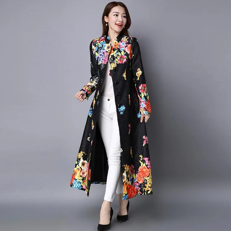 

2019 Women Autumn Winter Vintage Print Slim Embroidery Plus Size Cardigan Long coat Chinese National Style Trench Outerwear