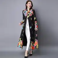 2019 Women Autumn Winter Vintage Print Slim Embroidery Plus Size Cardigan Long coat Chinese National Style Trench Outerwear