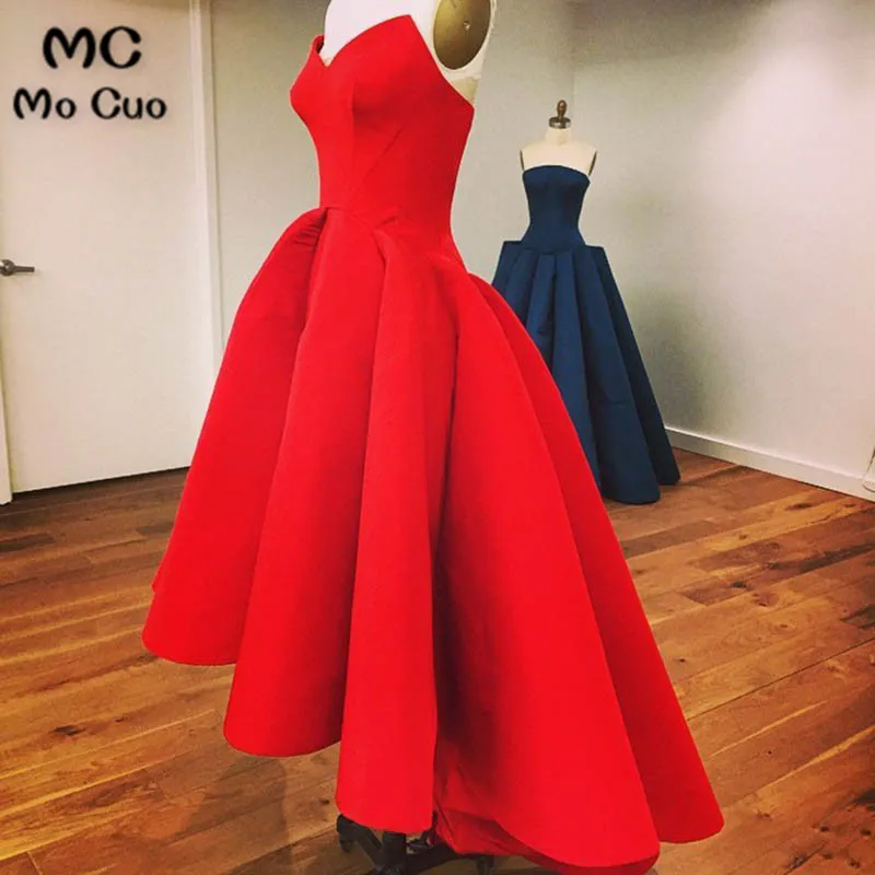 

2018 High Low Red Prom Dresses Sexy Strapless Cheap Satin Short Front Long Back Party Dress vestido Backless Prom Gown Customize