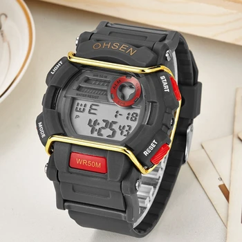 

2017 OHSEN Brand Digital LCD Sport Mens Cool Wristwatch Silicone Band Red Fashion Male Waterproof Watches Gift Relogio Masculino