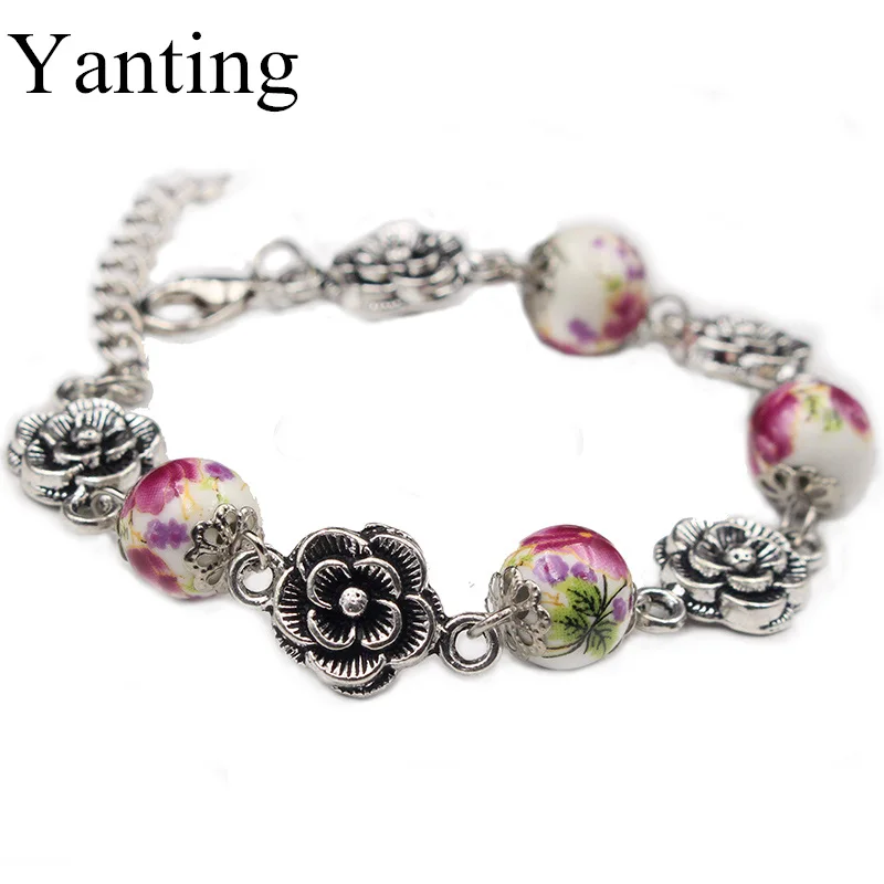 Ceramic flower beads bracelets for women ancient silver flower bracelet