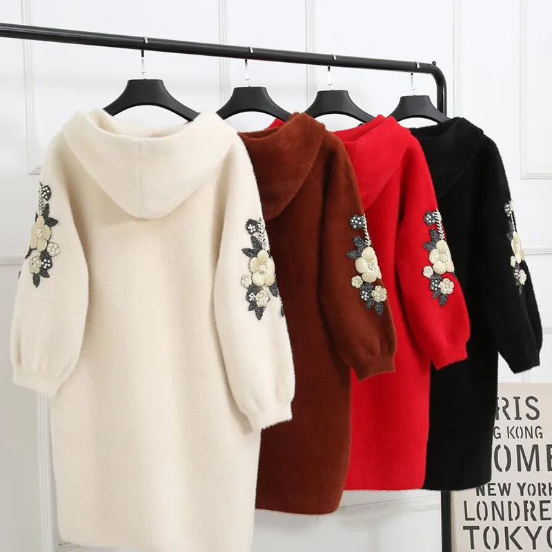 Осенне-зимний женский кардиган, вязаный свитер с вышивкой бисером, длинный плащ, Толстая Повседневная Верхняя одежда с капюшоном, большой размер 5XL