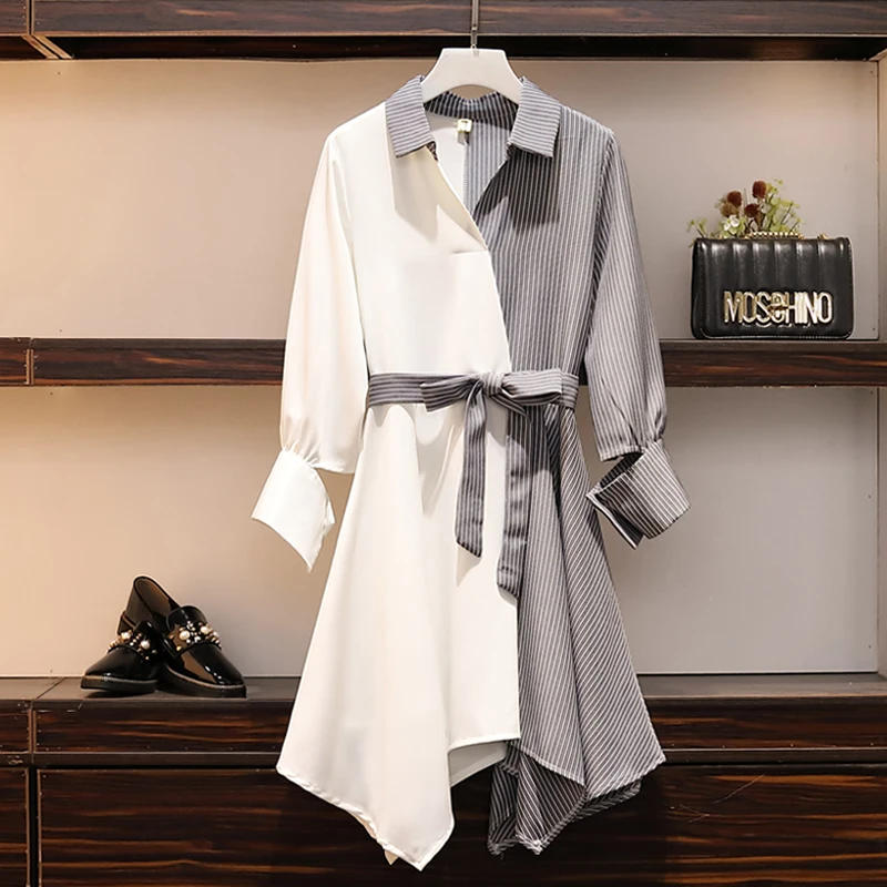 

2019 Women's Spring and Autumn New Dress Female Korean Splicing Belt 3/4 Sleeve with Belt Lapel Shirt Large Size Dress 4XL