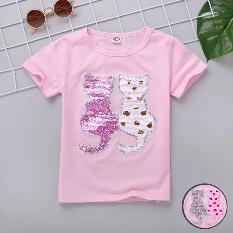Футболка для девочек, лето, Детская футболка с блестками, хлопковые рубашки с мультипликационным принтом, одежда для подростков 5, 6, 8, 10, 12, 13, 14 лет - Цвет: Twin Cat C Pink