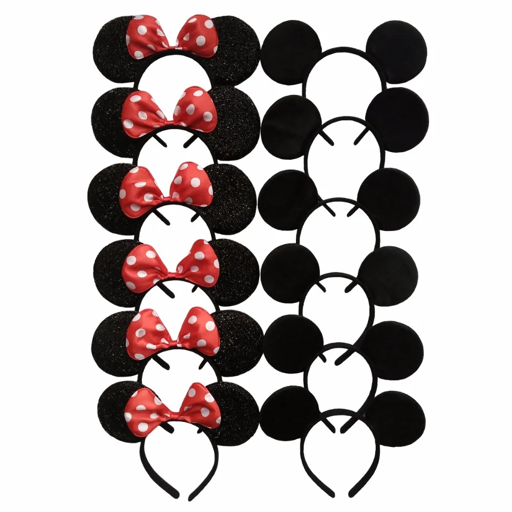 

12pcs Hair Accessories Minnie/Mickey Ears Solid Black & Red Bow Headband for Boys/Girls Birthday Party Celebration Cosplay