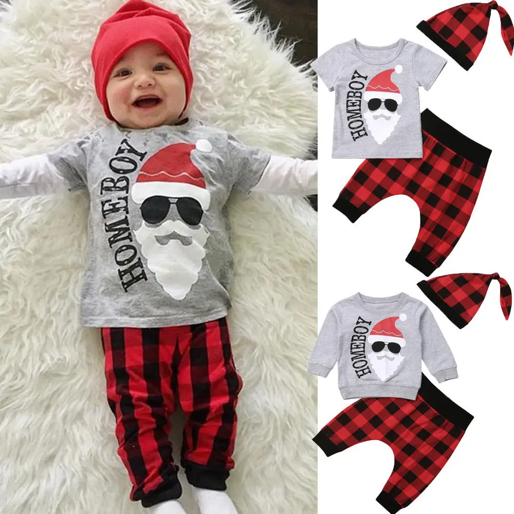 Pudcoco/Одежда для новорожденных мальчиков, Рождественский комплект из 3 предметов для мальчиков 0-18 месяцев, футболка/худи+ длинные штаны в клетку+ клетчатая шапка