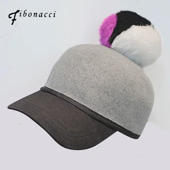 

Fibonacci Wool felt equestrian knight hat for women autumn and winter rabbit fur ball fashion patchwork fedora hat