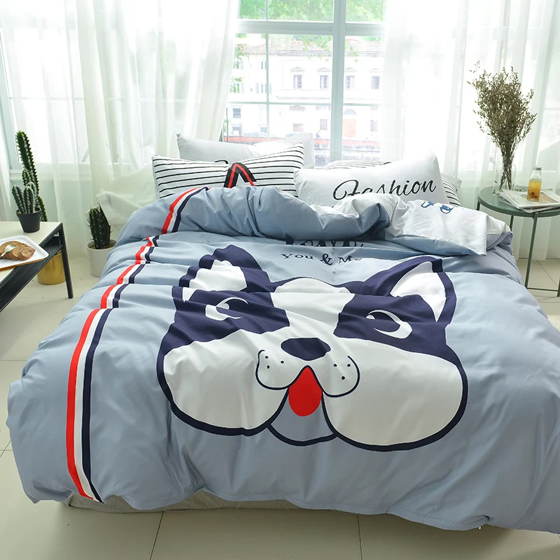 

Bulldog print Cartoon style bedding set cotton fabric 3/4pcs Twin Queen Size duvet cover flat sheet pillowcase