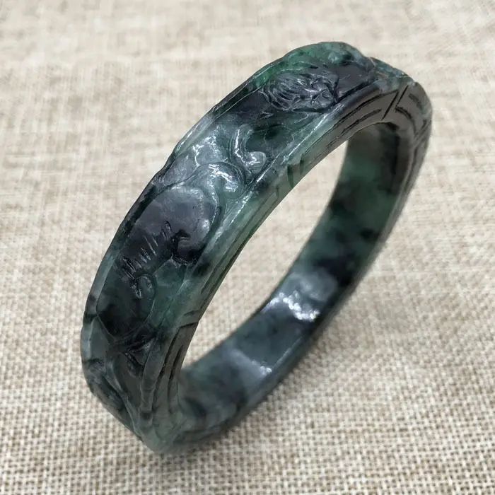 

64mm Vintage Chinese Hand-carved Black Green Jadeite Jade Bracelet Bangle 902
