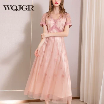 

WQJGR Sexy Dresses Party Night Club Dress 2019 Summer V-Neck Embroidery Pink Dress Short Sleeve Dress Women