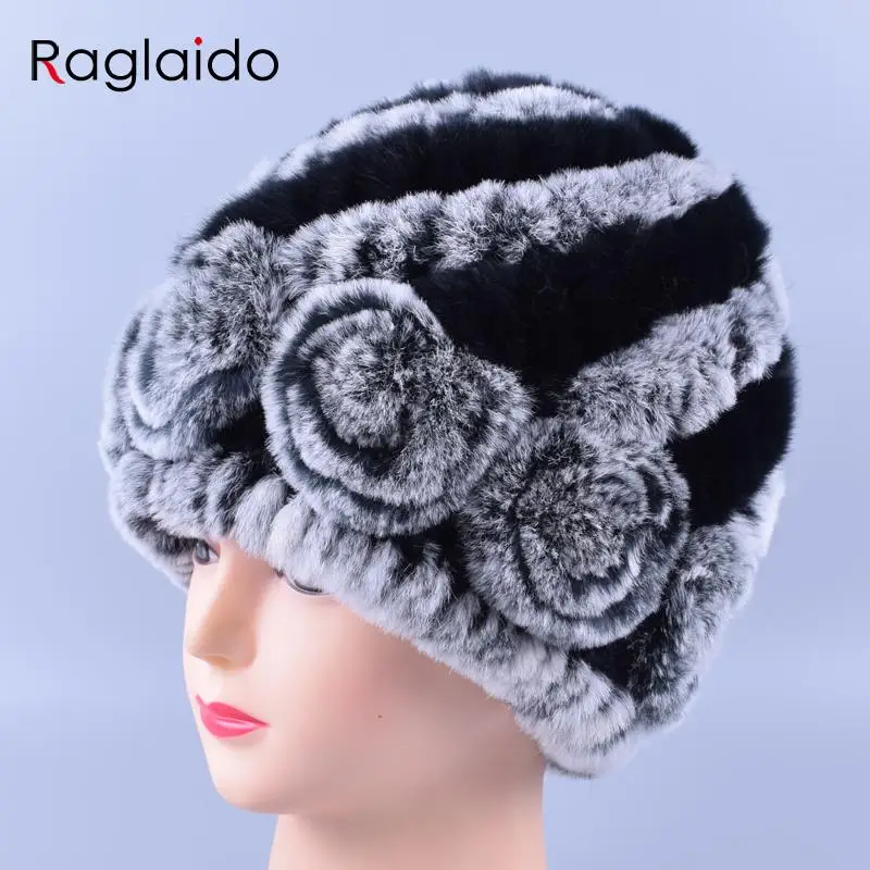 

Raglaido 7colors Winter fur hats for women Real Rex Rabbit Floral madam Beanie Hat Hand knitted Knitted Fur Caps LQ11174