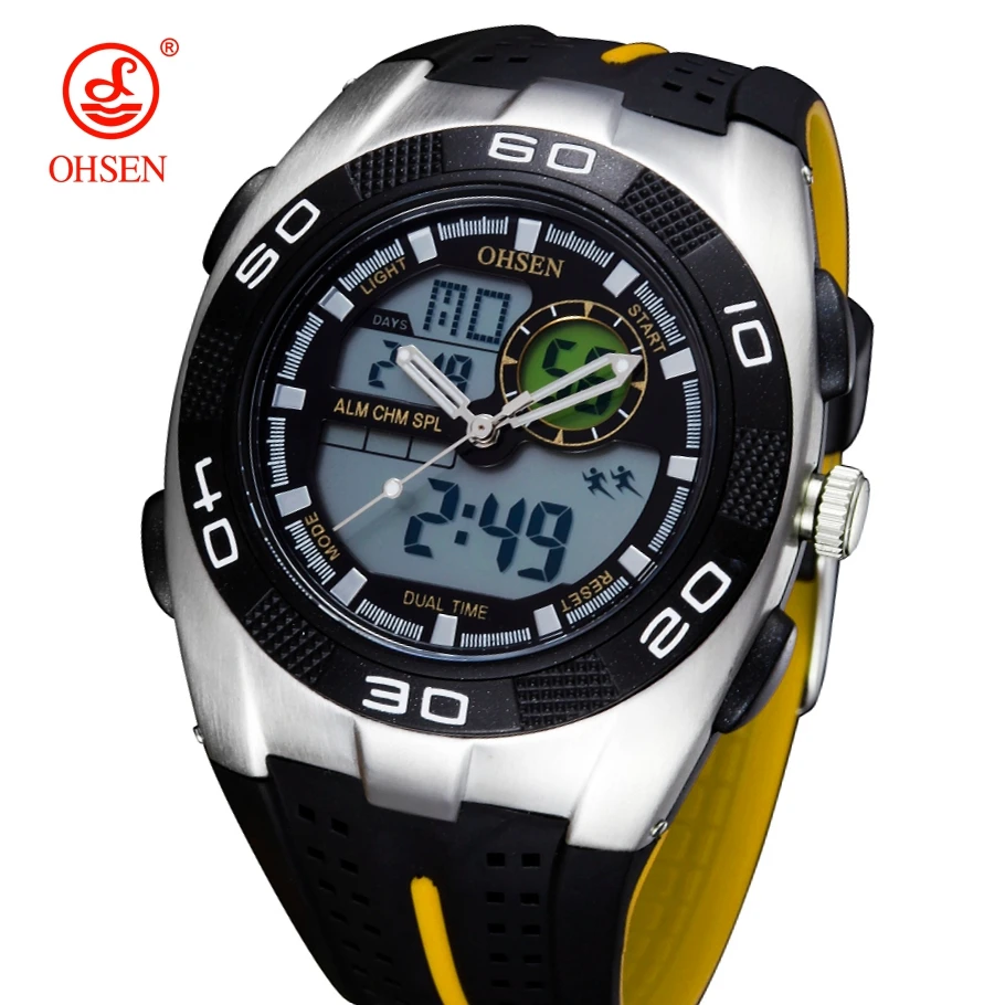 

Famous Ohsen digital Quartz Rubber Waterproof Sport Wristwatch Men male Yellow band Alloy case Fashion Outdoor Swimming Watches
